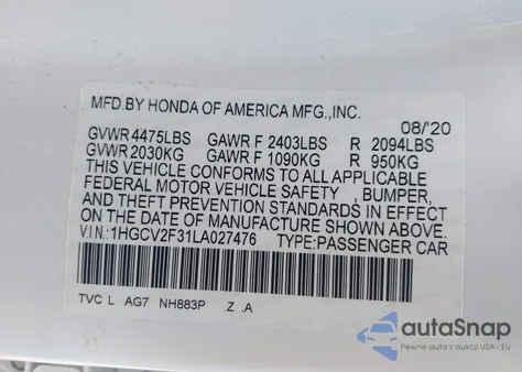 2020 Honda Accord Sport z USA, uszkodzony, nr VIN 1HGCV2F31LA027476